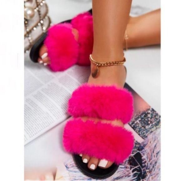 Shoes - Faux Fur Double Band Slides in Pink